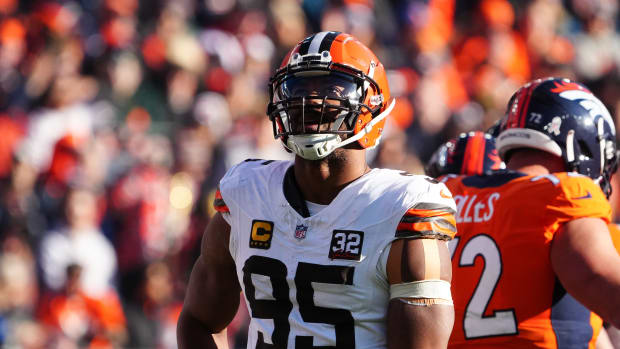 Nov 26, 2023; Denver, Colorado, USA; Cleveland Browns defensive end Myles Garrett (95) during a video review in the first quarter against the Denver Broncos at Empower Field at Mile High.